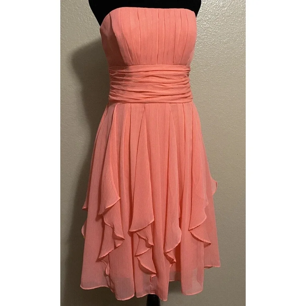 David's Bridal F15555 Dress Womens 6 Peach Strapless Chiffon Bridesmaid Formal - Picture 2 of 8
